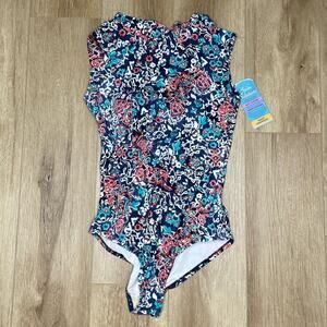 Swim Solutions Women's Block Island Floral Cap Sleeve One Piece Swimsuit sz 14
